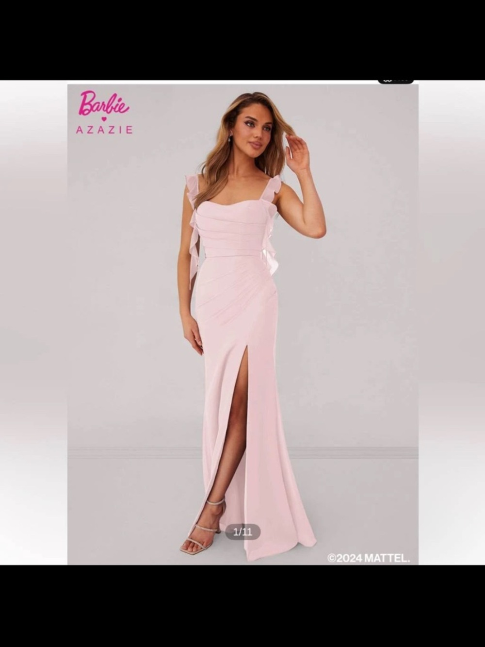 Azazie Barbie Light Pink Ruffle Strap Prom Gown